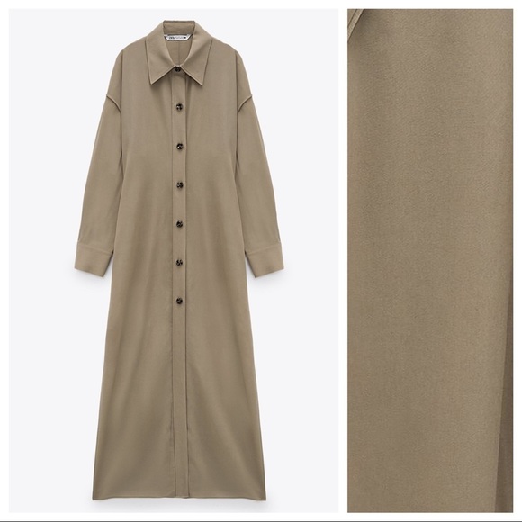 NWT Zara Limited Edition Khaki 100% Viscose Longline Collared Shirt Dress Size S - Picture 11 of 15